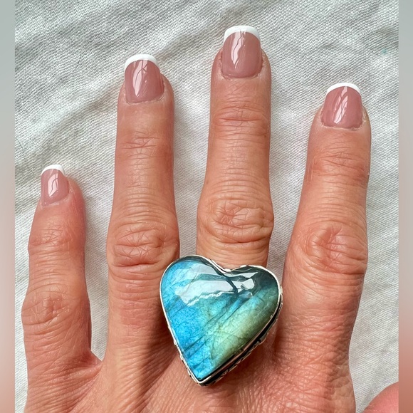 Jewelry - 925 OMG GORGEOUS Flash Labradorite Heart ❤️ Ring 8 1/4